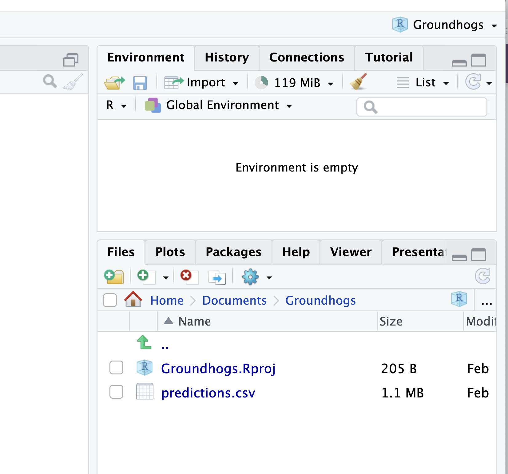 A screenshot of the files pane with predictions.csv in it.