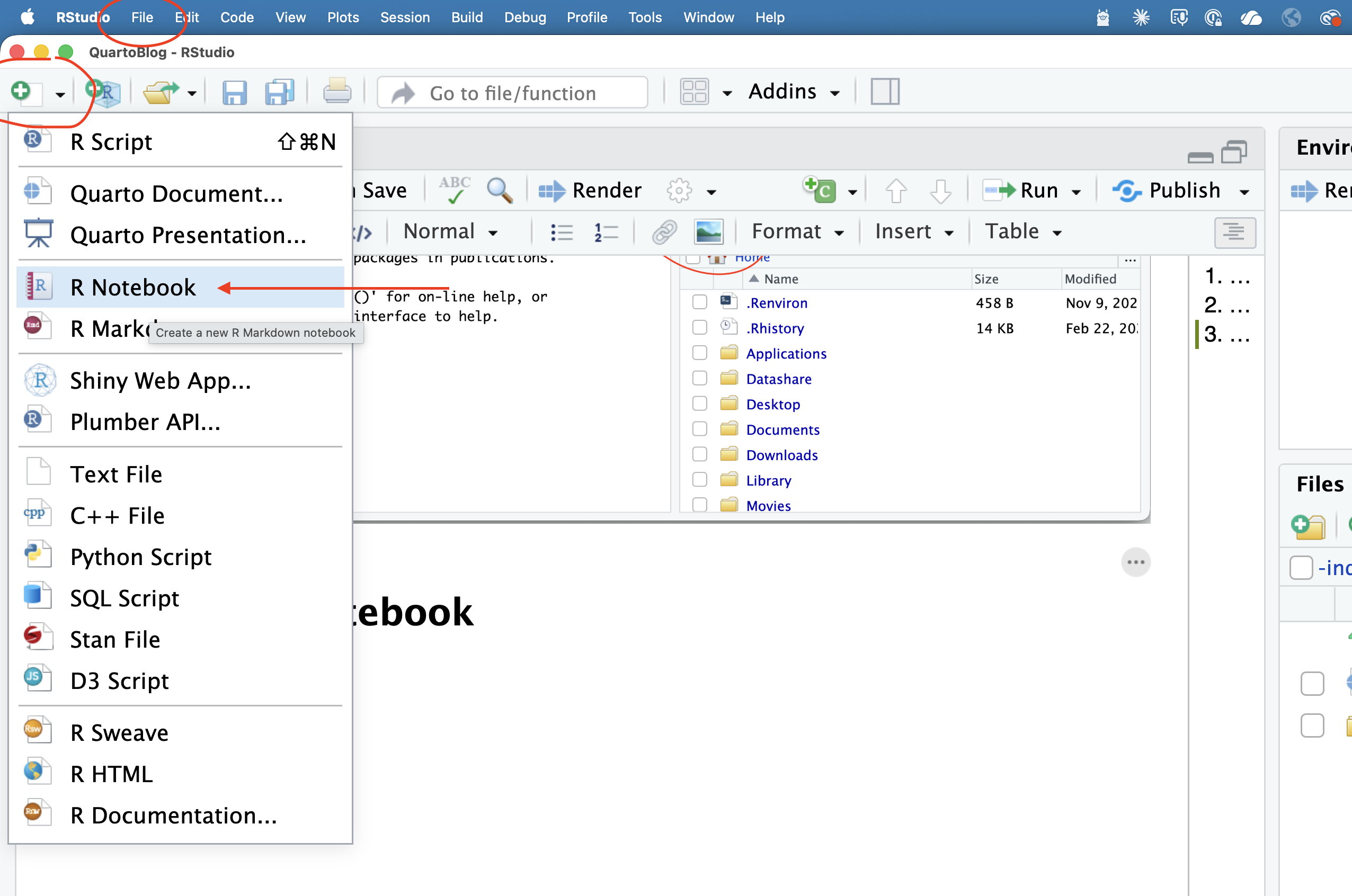 A screenshot of the R Studio screen with the New File menu expanded and an arrow pointed at R Notebook