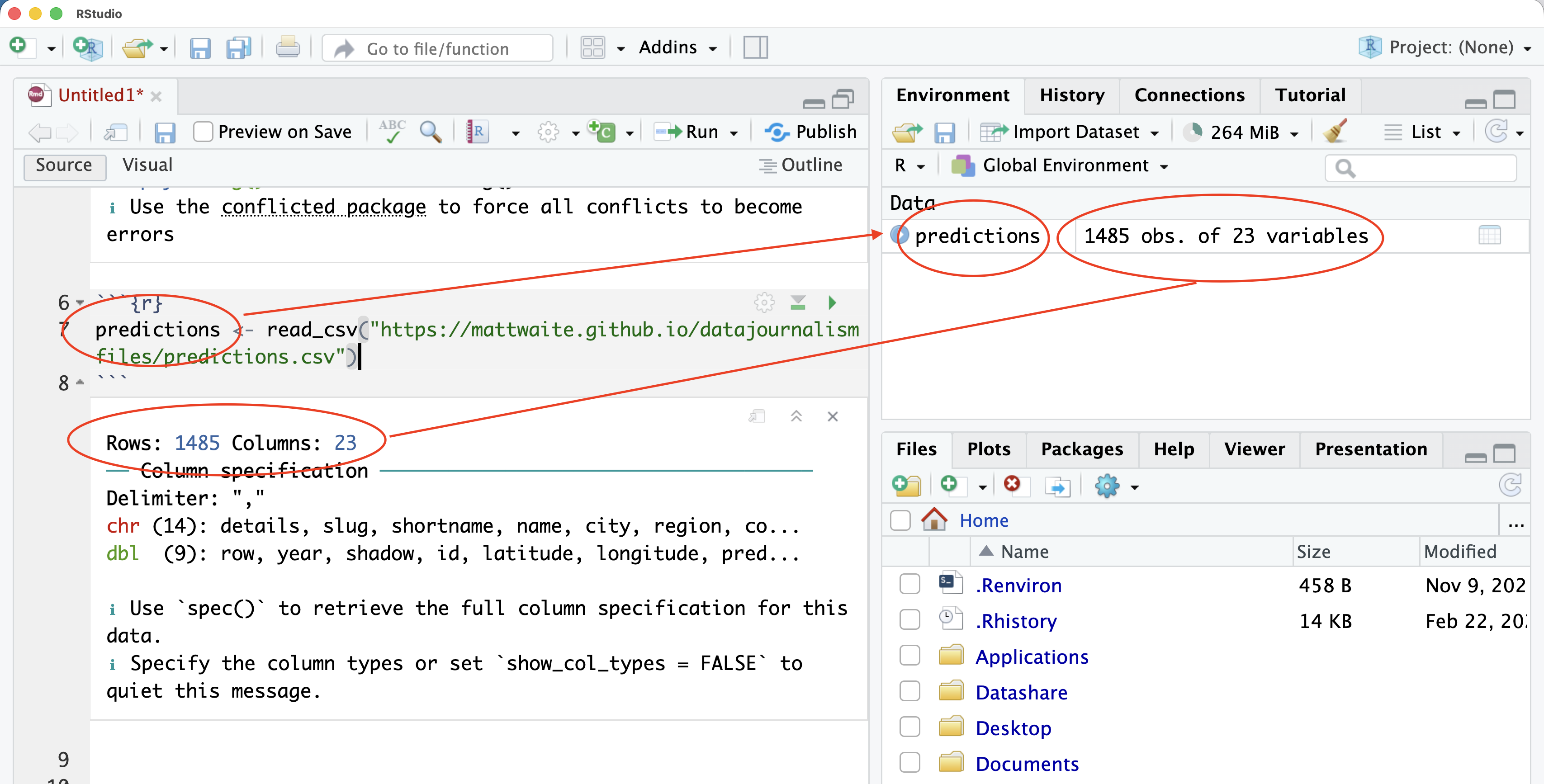 A screenshot of the R Studio interface showing a code chunk creating a dataframe and the matching environment tab with the same data in it.