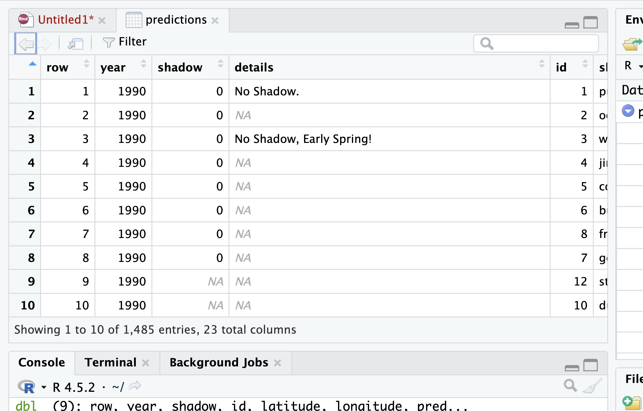 A screenshot of the R Studio interface after view(predictions) was run with a click vs code.